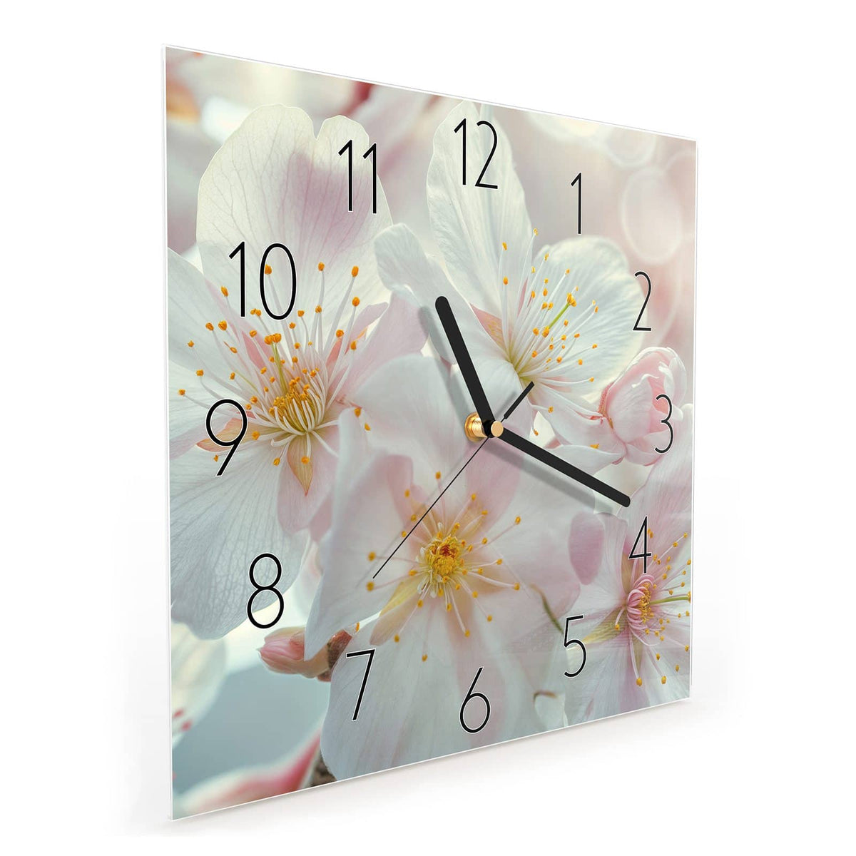 Quadratische Wanduhr aus Glas Weiße Frühlingsblüten schräg von der Seite, 4 mm starkes Glas