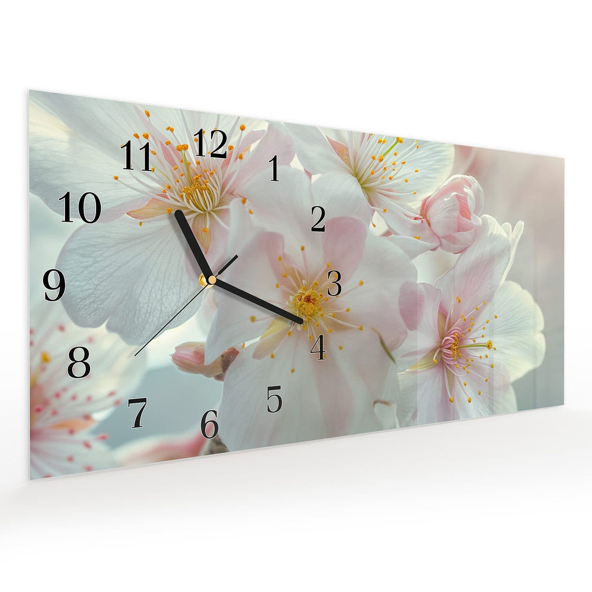 Vormontiert – mit Schwebeeffekt – Wanduhr Kirschblüten Zauber aus Glas – Querformat 60 × 30 cm