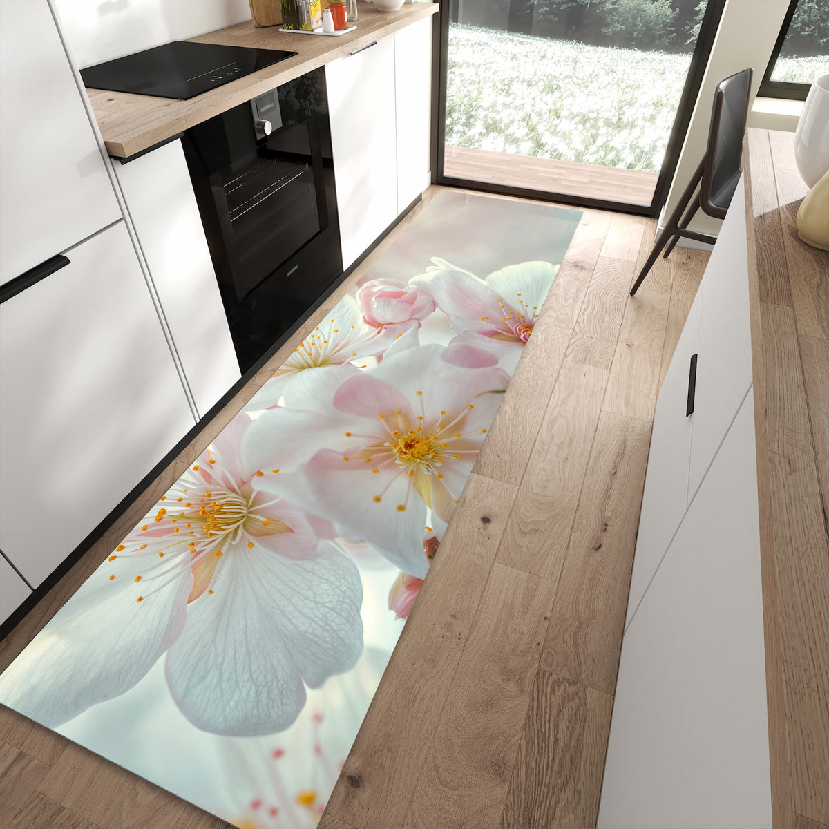 UV-beständiger Teppich für Küche mit Motiv Kirschblüten Zauber in moderner Küche