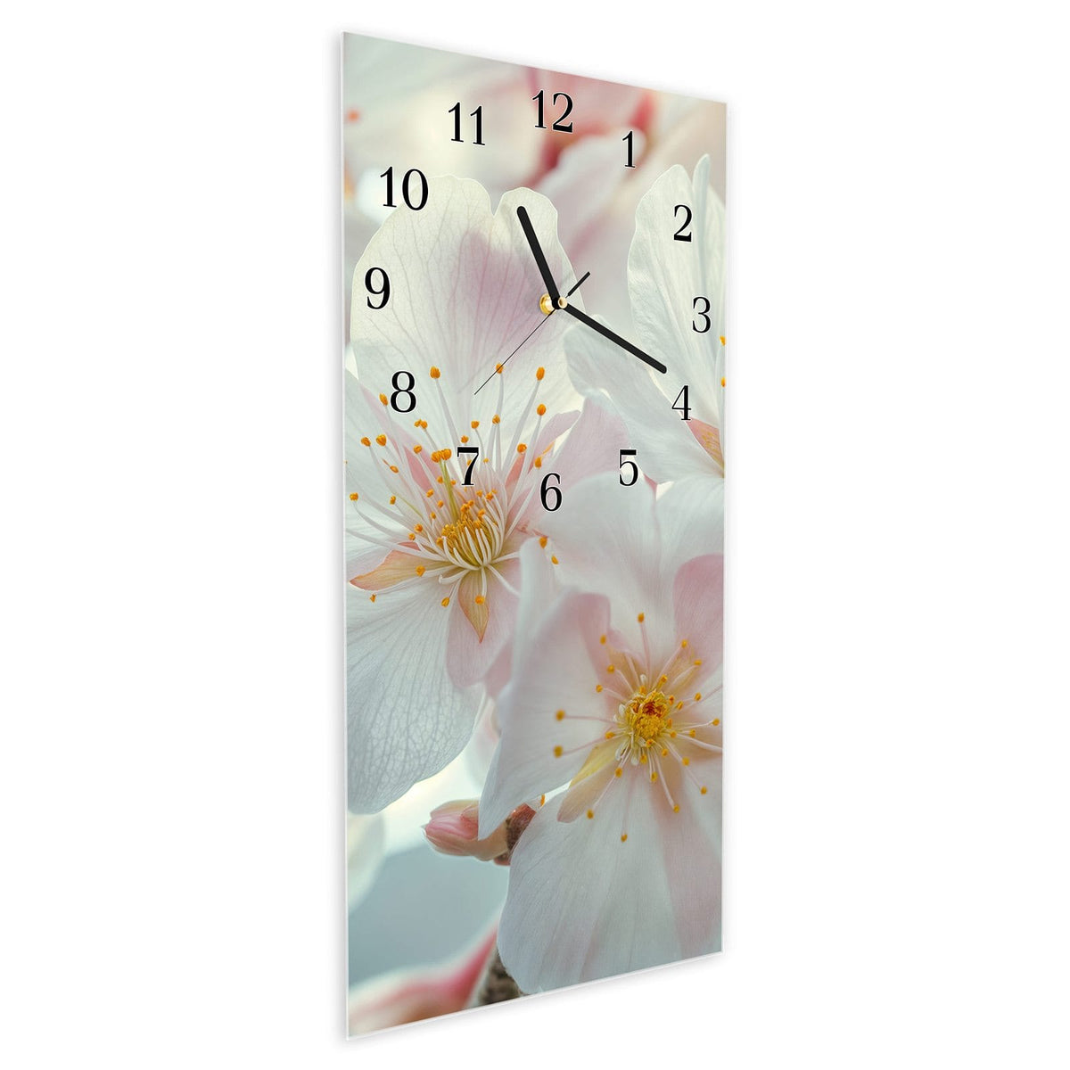 Vormontiert – mit Schwebeeffekt – Wanduhr Kirschblüten Zauber aus Glas – Hochformat 30 × 60 cm
