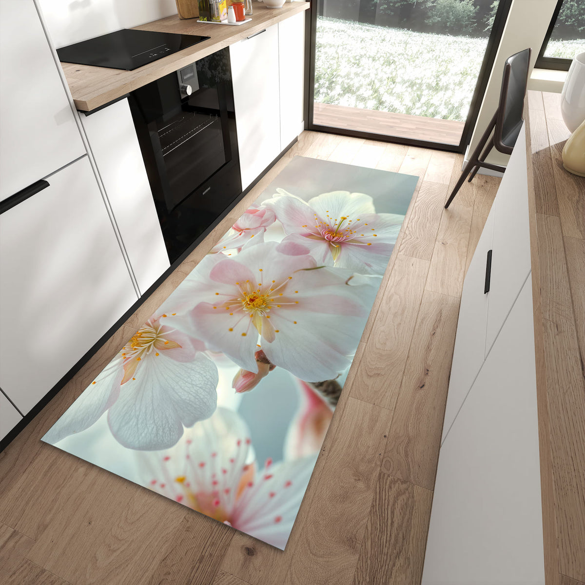 Wasserabweisender Teppich für die Küche mit Motiv Kirschblüten Zauber in moderner Küche