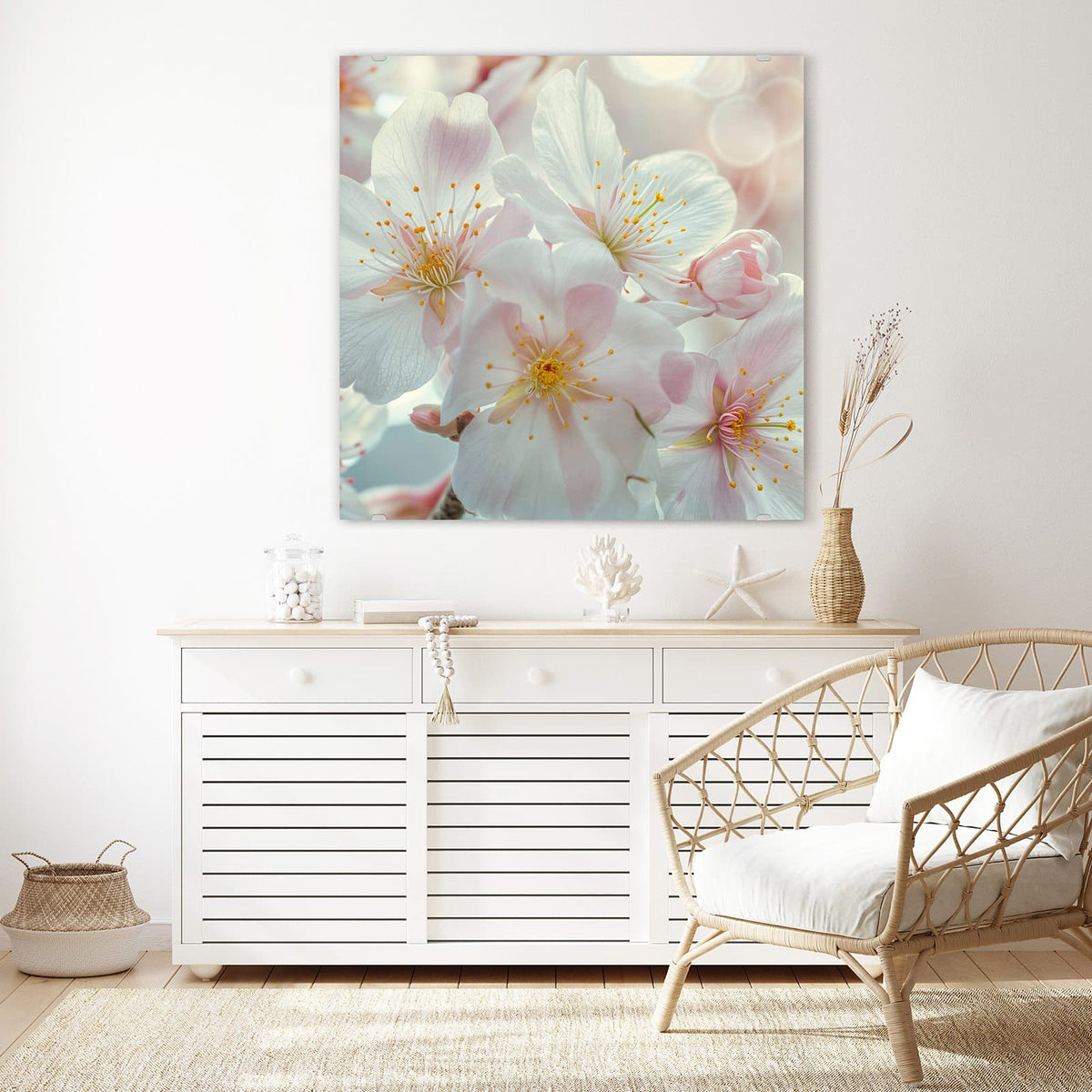Glasbild Weiße Frühlingsblüten an der Wand – Dolde weißer Frühlingsblüten mit zartrosa Hauch und gelben Staubgefäßen, helles Bokeh