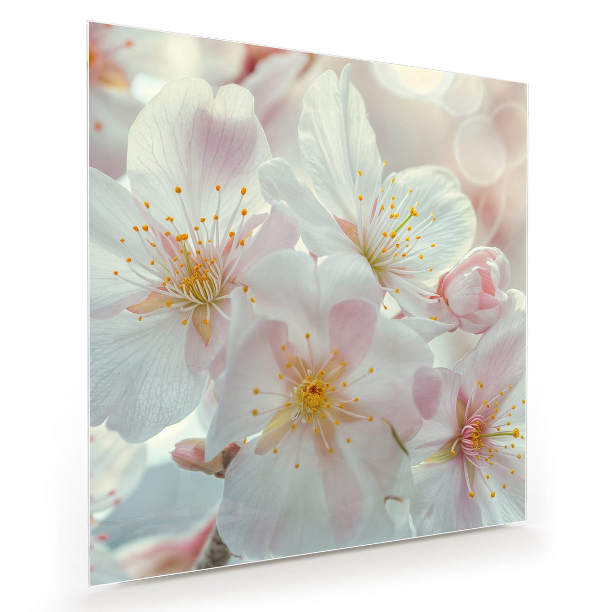 Dolde weißer Frühlingsblüten mit zartrosa Hauch und gelben Staubgefäßen, helles Bokeh