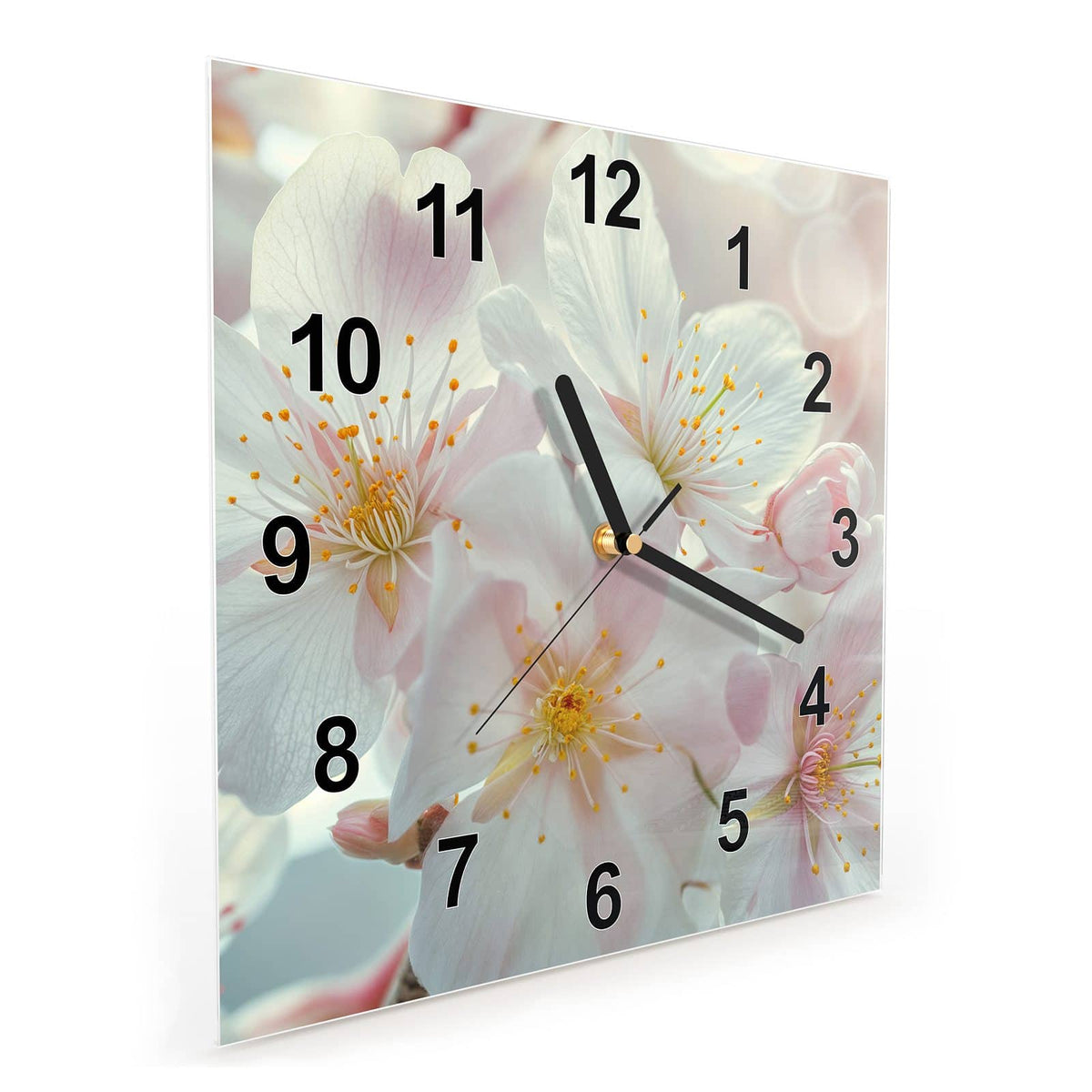 Quadratische Wanduhr aus Glas Weiße Frühlingsblüten schräg von der Seite, 4 mm starkes Glas