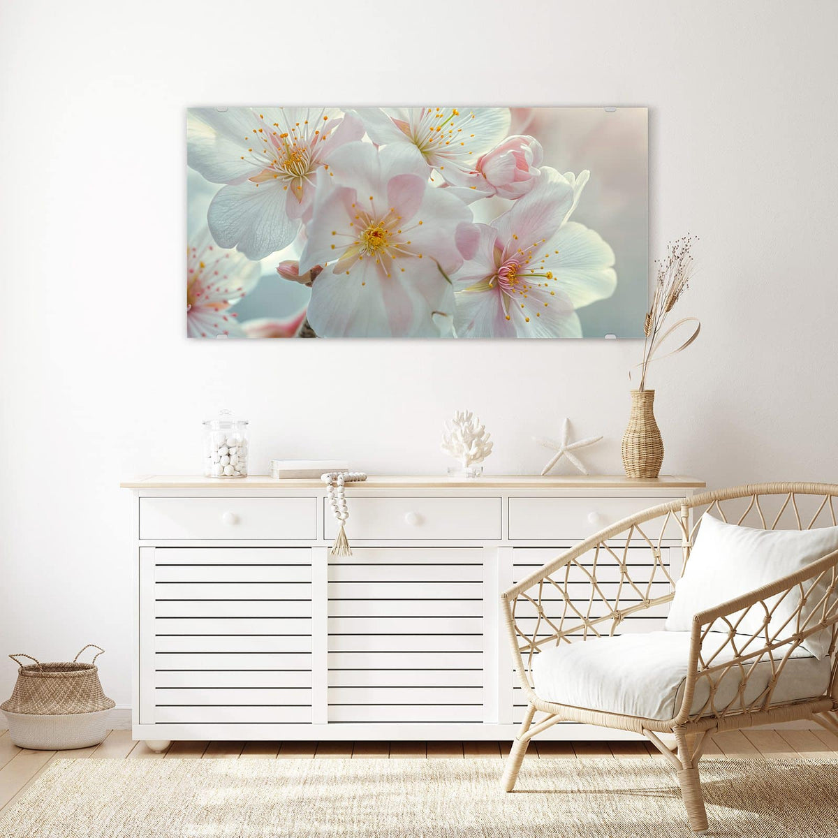 Echtglas, 4 mm – kein Acryl, keine Folie – Wandbild - Weiße Frühlingsblüten - Querformat