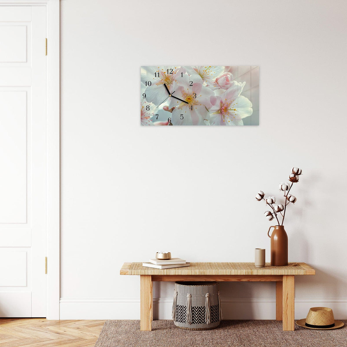Moderne Wanduhr aus Glas mit Farbtiefe – Wanduhr Kirschblüten Zauber aus Glas – Querformat 60 × 30 cm