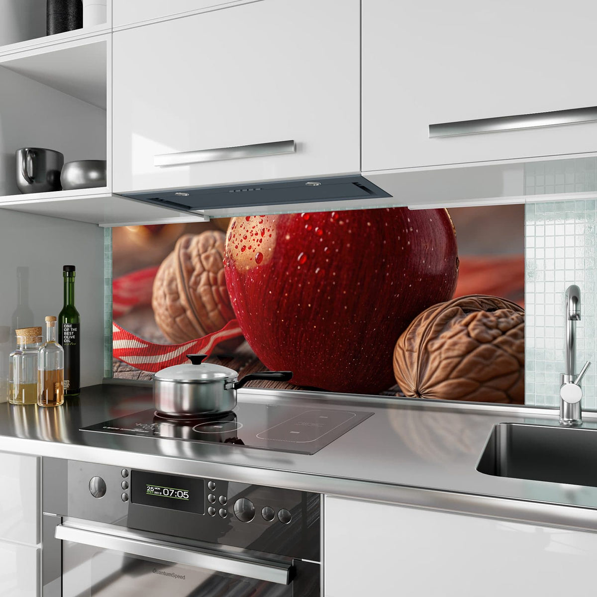 Küchenrückwand aus Glas Apfel und Nüsse im Hochformat als Spritzschutz hinter dem Kochfeld, über dem Fliesenspiegel montiert
