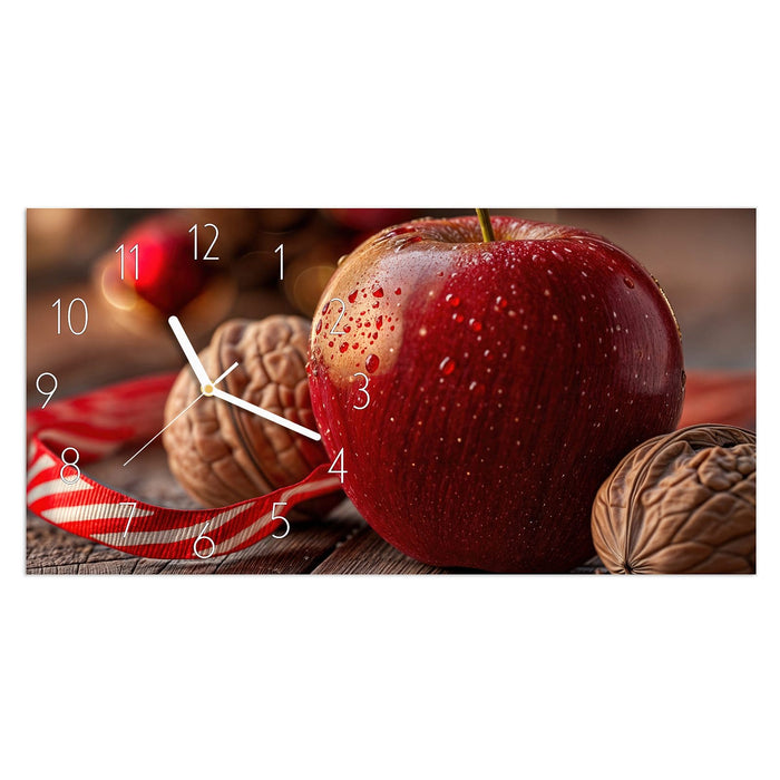 Wanduhr Apfel und Nüsse aus Glas – Querformat 60 × 30 cm mit Ziffernblatt Elegant