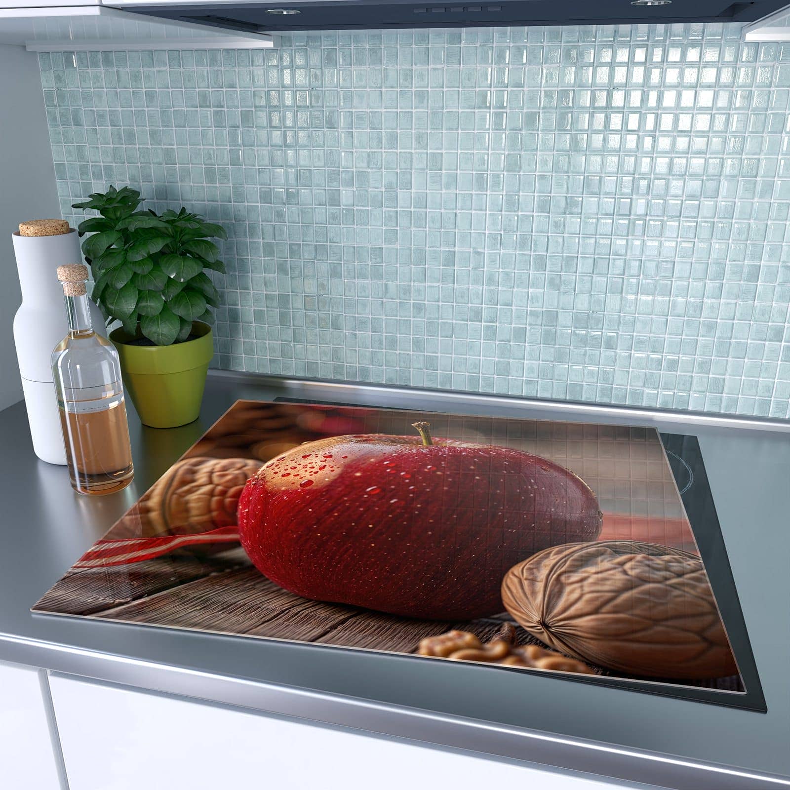 1-teilige Herdabdeckung aus Glas mit Apfel und Nüsse-Motiv auf dem Ceranfeld