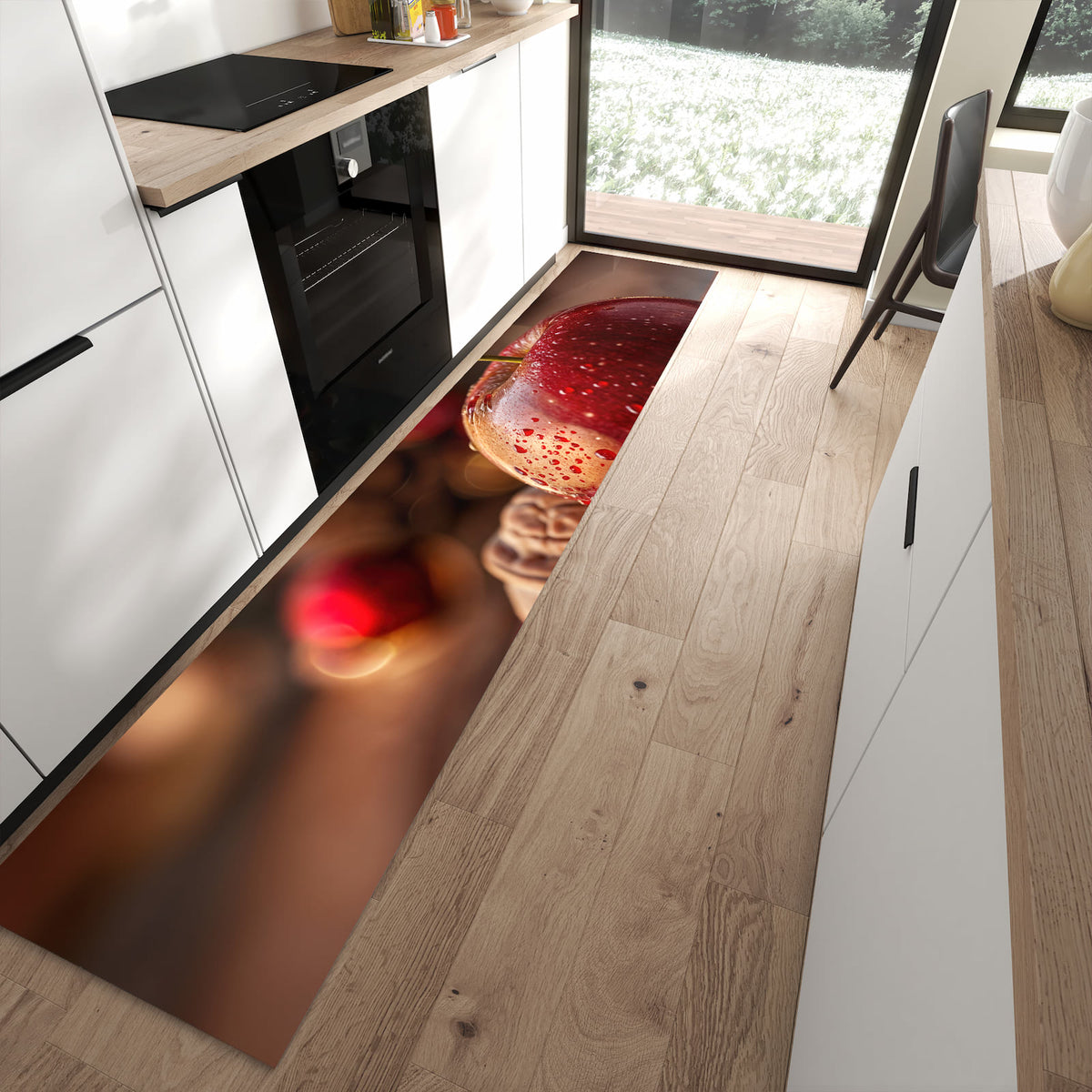 Rutschfester Küchenteppich mit Motiv Apfel und Nüsse in moderner Küche