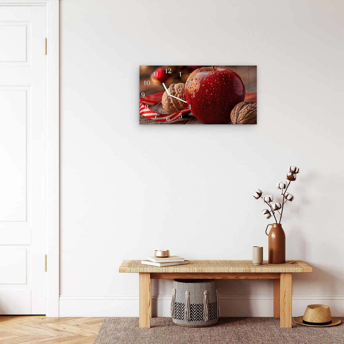 Moderne Wanduhr aus Glas mit Farbtiefe – Wanduhr Apfel und Nüsse aus Glas – Querformat 60 × 30 cm
