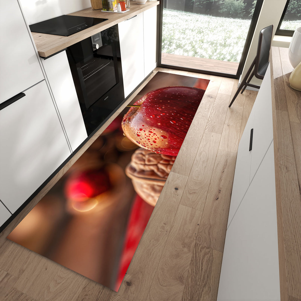 Strapazierfähiger Küchenläufer mit Motiv Apfel und Nüsse in moderner Küche