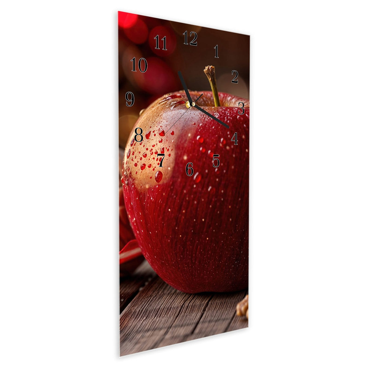 Vormontiert – mit Schwebeeffekt – Wanduhr Apfel und Nüsse aus Glas – Hochformat 30 × 60 cm
