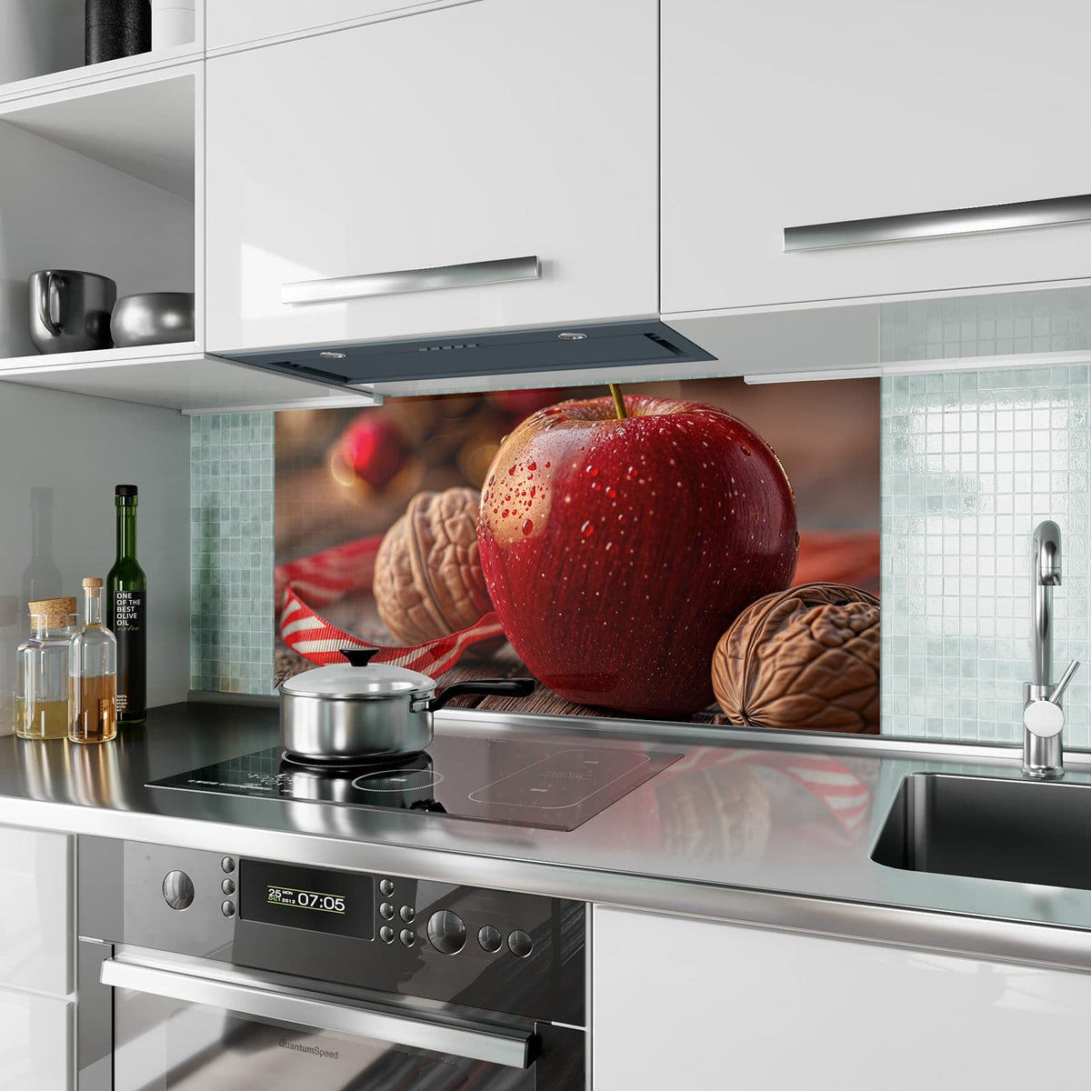 Küchenrückwand aus Glas Apfel und Nüsse im Hochformat als Spritzschutz hinter dem Kochfeld, über dem Fliesenspiegel montiert