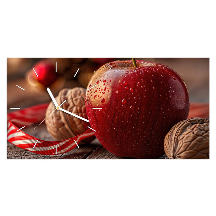 Wanduhr Apfel und Nüsse aus Glas – Querformat 60 × 30 cm mit Ziffernblatt Linie