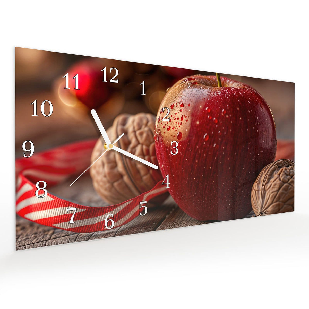 Vormontiert – mit Schwebeeffekt – Wanduhr Apfel und Nüsse aus Glas – Querformat 60 × 30 cm