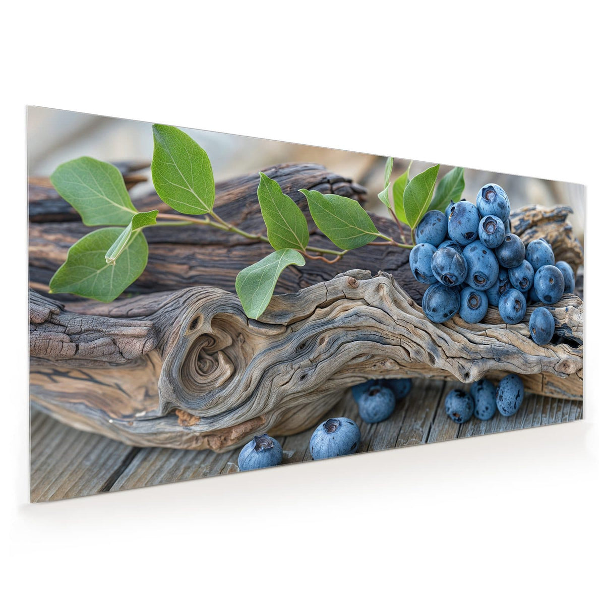 Küchenrückwand aus Glas im Hochformat: Haufen Blaubeeren mit grünen Blättern auf verwittertem Treibholzast, darunter graue Holzdielen