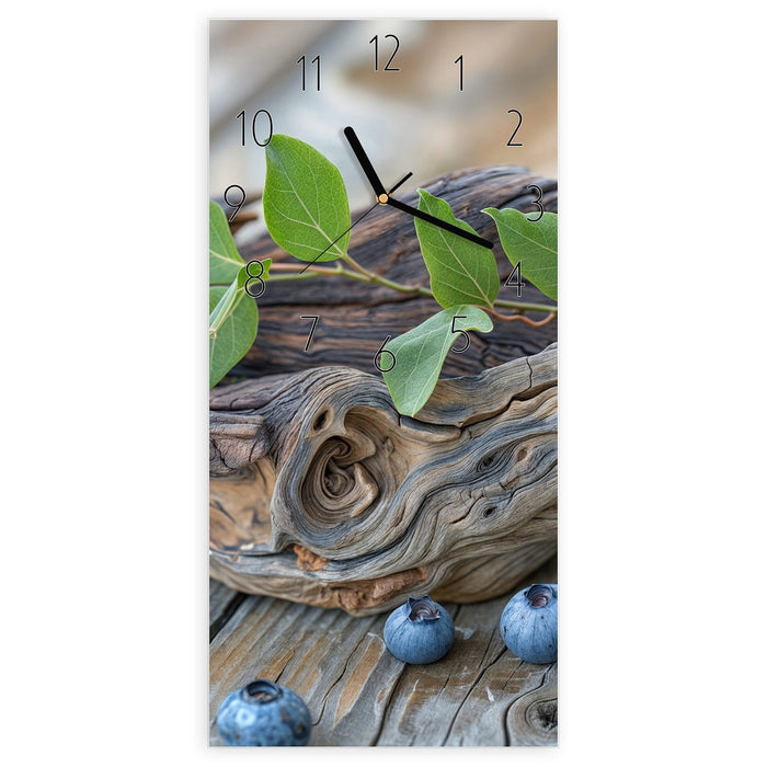 Wanduhr auf und Blaubeeren aus Glas – Hochformat 30 × 60 cm mit Ziffernblatt Elegant