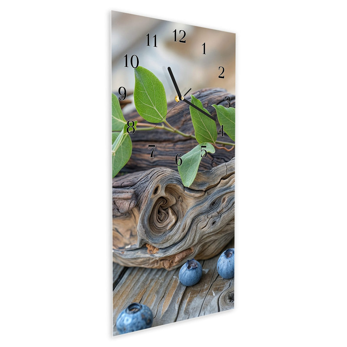 Vormontiert – mit Schwebeeffekt – Wanduhr auf und Blaubeeren aus Glas – Hochformat 30 × 60 cm