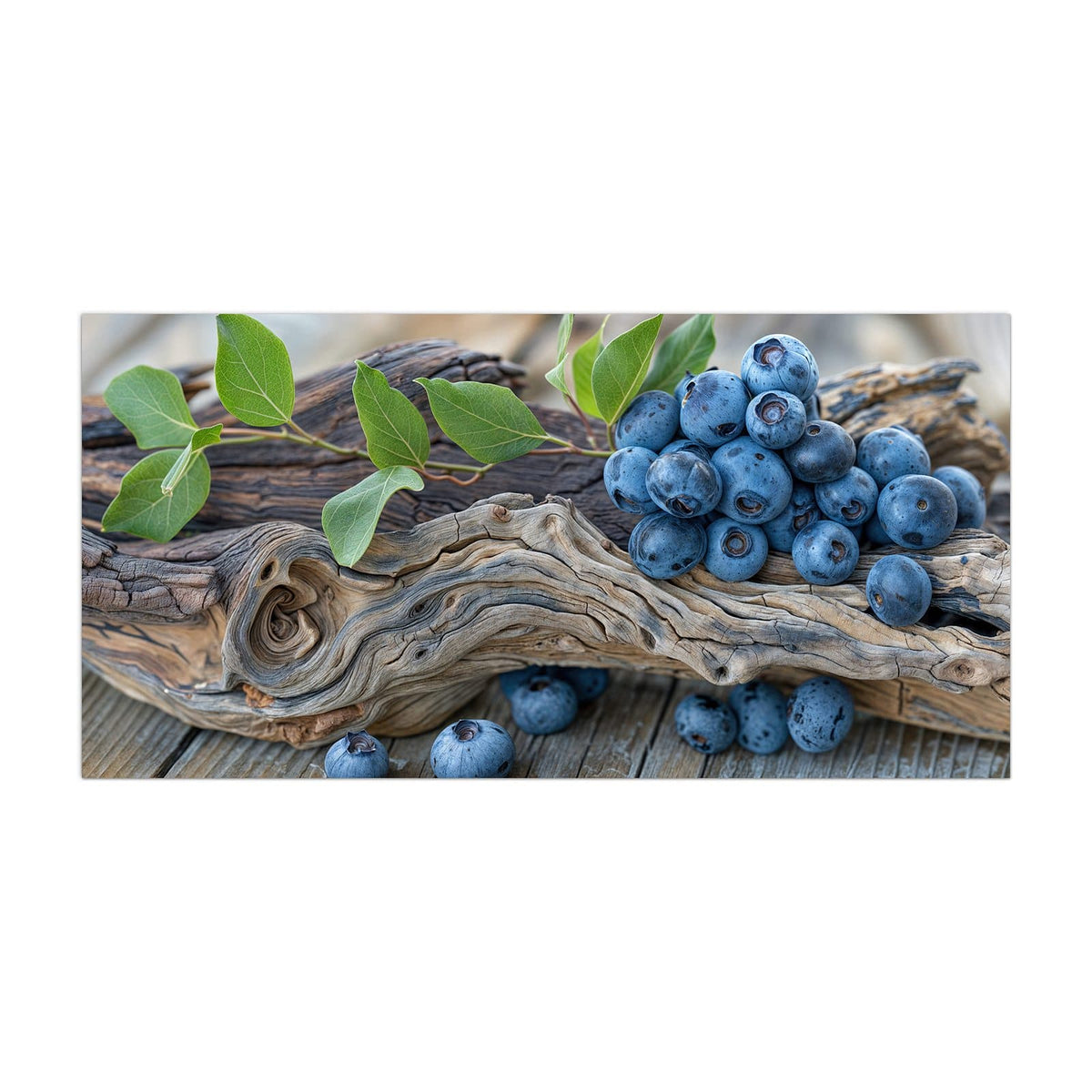 Küchenrückwand aus Glas Treibholz und Blaubeeren im Hochformat, Motiv bildfüllend von vorn