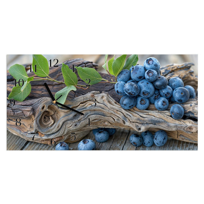 Wanduhr auf und Blaubeeren aus Glas – Querformat 60 × 30 cm mit Ziffernblatt Klassisch