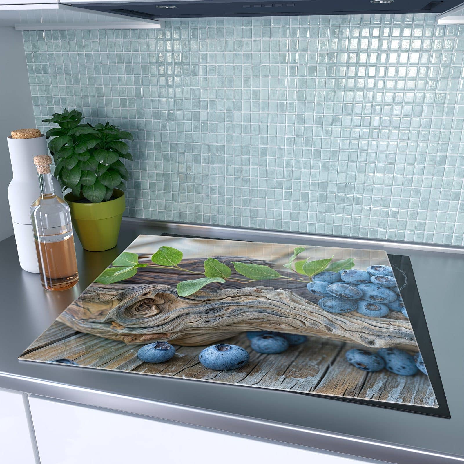 1-teilige Herdabdeckung mit auf und Blaubeeren-Motiv auf dem Ceranfeld