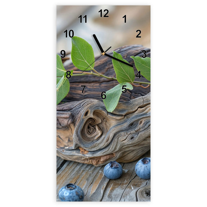Wanduhr auf und Blaubeeren aus Glas – Hochformat 30 × 60 cm mit Ziffernblatt Modern