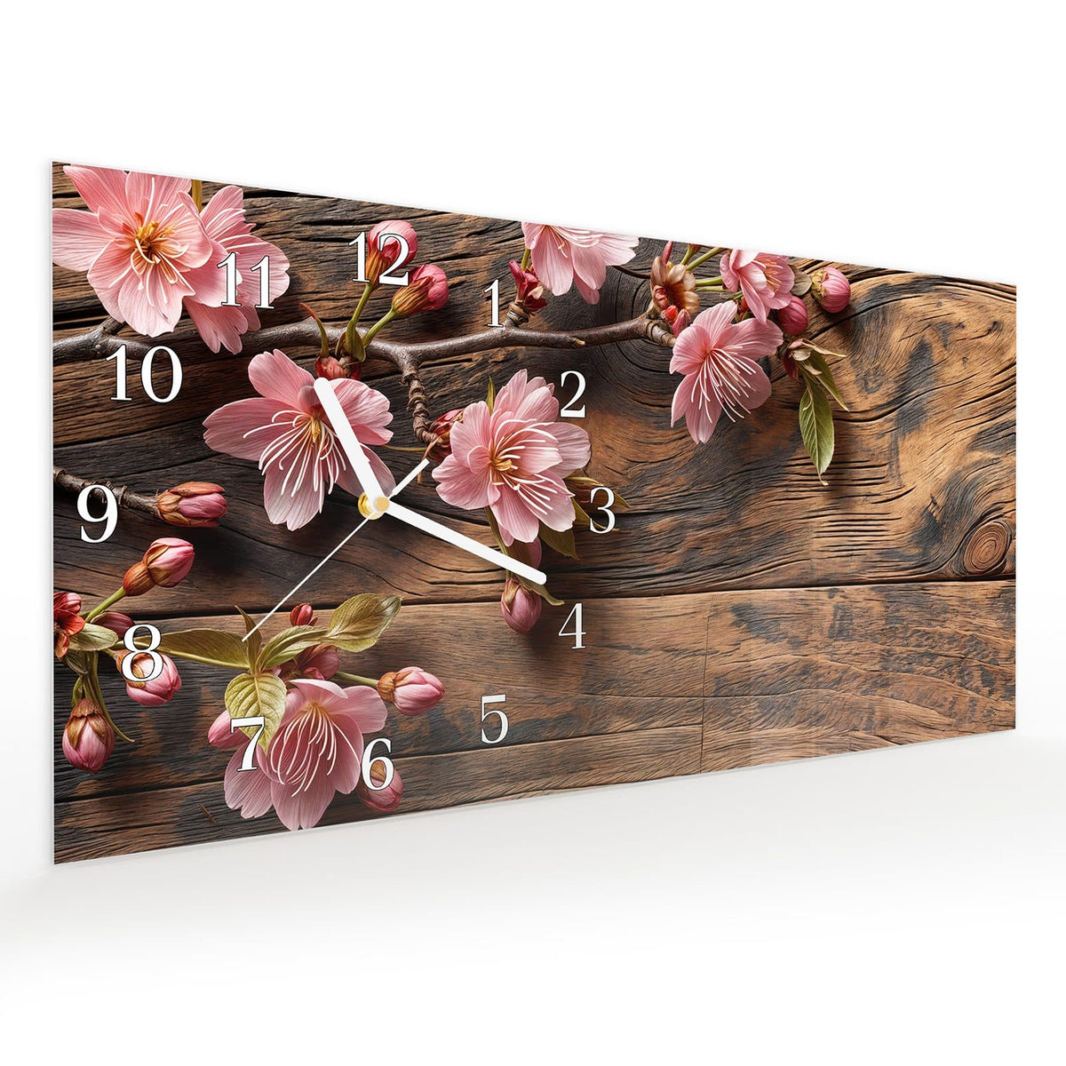 Vormontiert – mit Schwebeeffekt – Wanduhr Holzblüten aus Glas – Querformat 60 × 30 cm