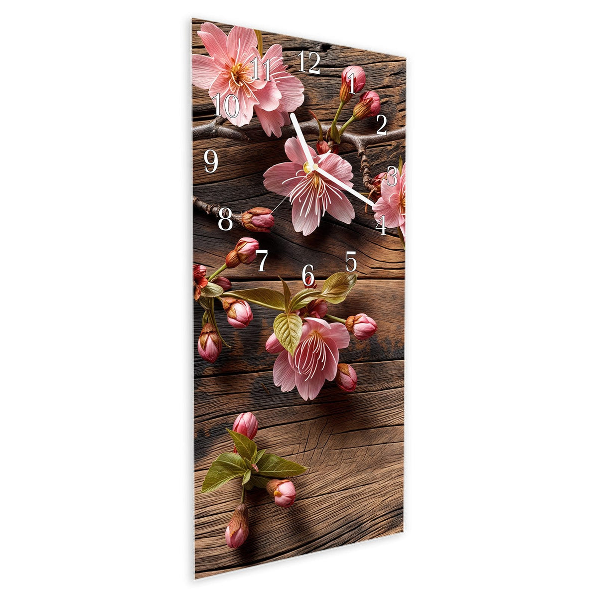 Vormontiert – mit Schwebeeffekt – Wanduhr Holzblüten aus Glas – Hochformat 30 × 60 cm