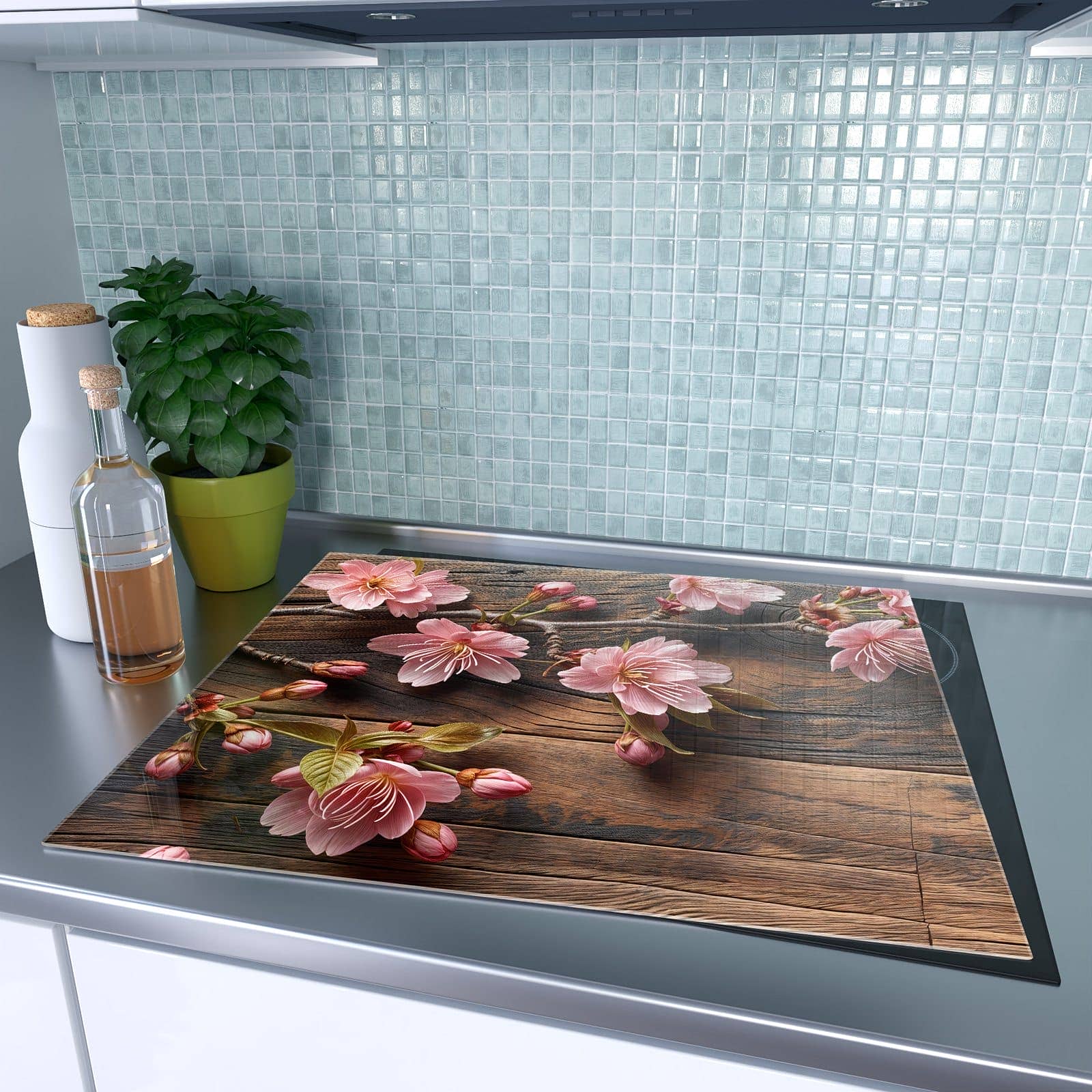 1-teilige Herdabdeckplatten aus Glas mit Holzblüten-Motiv auf dem Ceranfeld