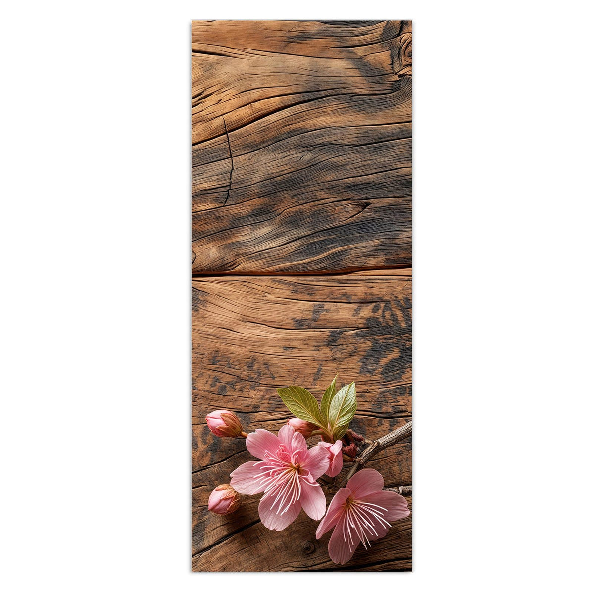Rosa Kirschblüten an Zweigen, locker auf dunkles, rustikales Altholz gelegt