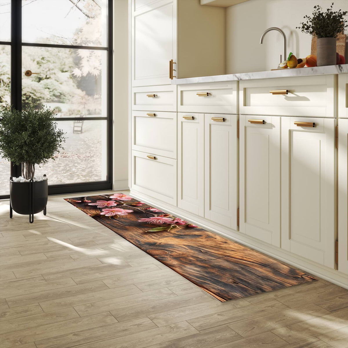 Geräuschdämpfender waschbarer Küchenteppich mit Motiv Holzblüten in heller Küche