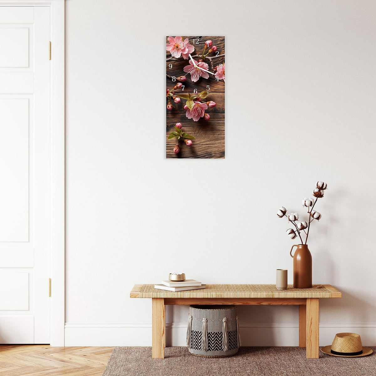 Moderne Wanduhr aus Glas mit Farbtiefe – Wanduhr Holzblüten aus Glas – Hochformat 30 × 60 cm