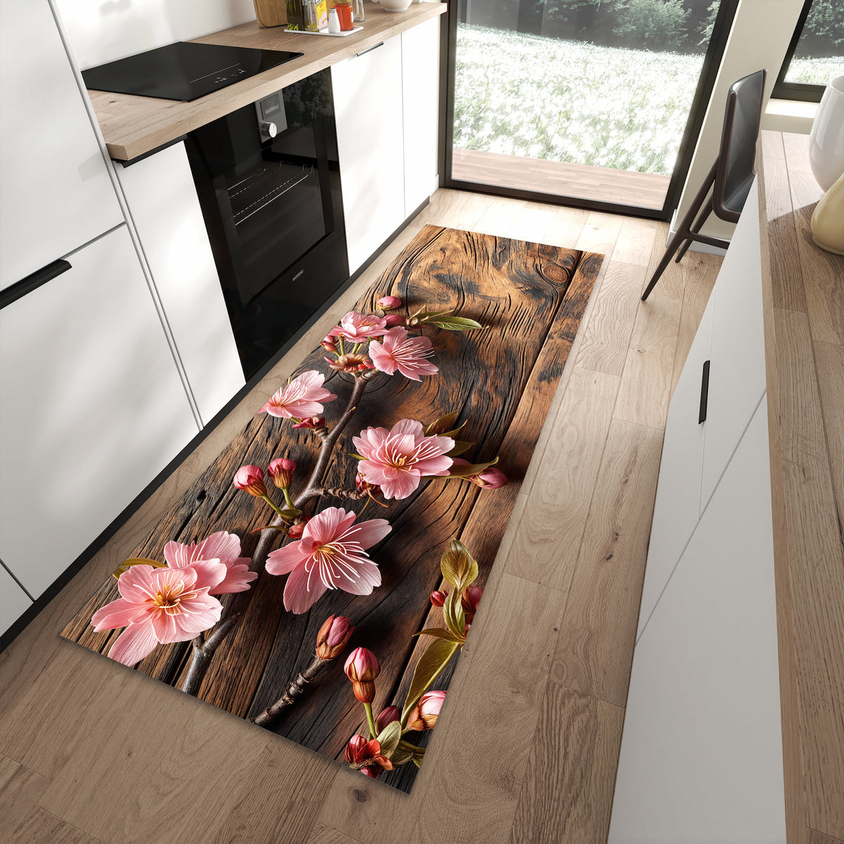 Bodenschonender langer Teppich mit Motiv Holzblüten in moderner Küche