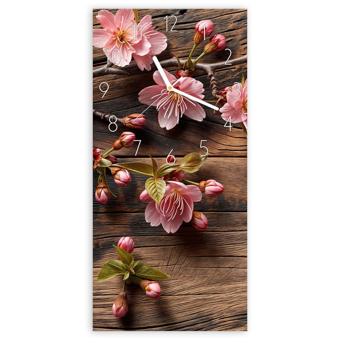 Wanduhr Holzblüten aus Glas – Hochformat 30 × 60 cm mit Ziffernblatt Elegant