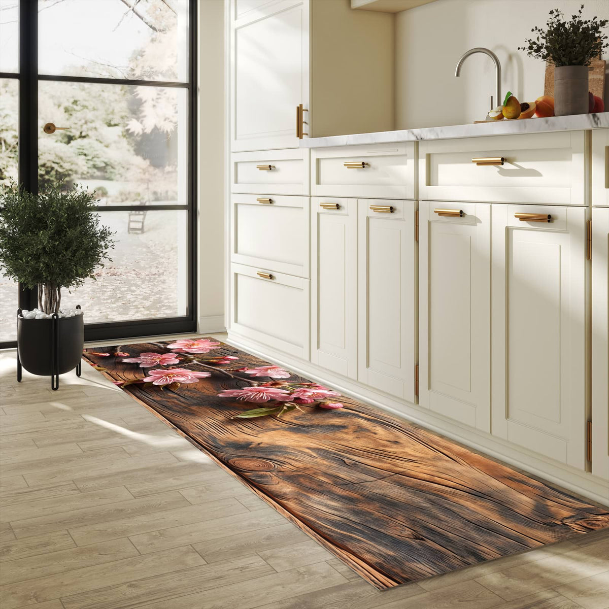 Schmutzabweisender Küchenläufer mit Motiv Holzblüten in heller Küche
