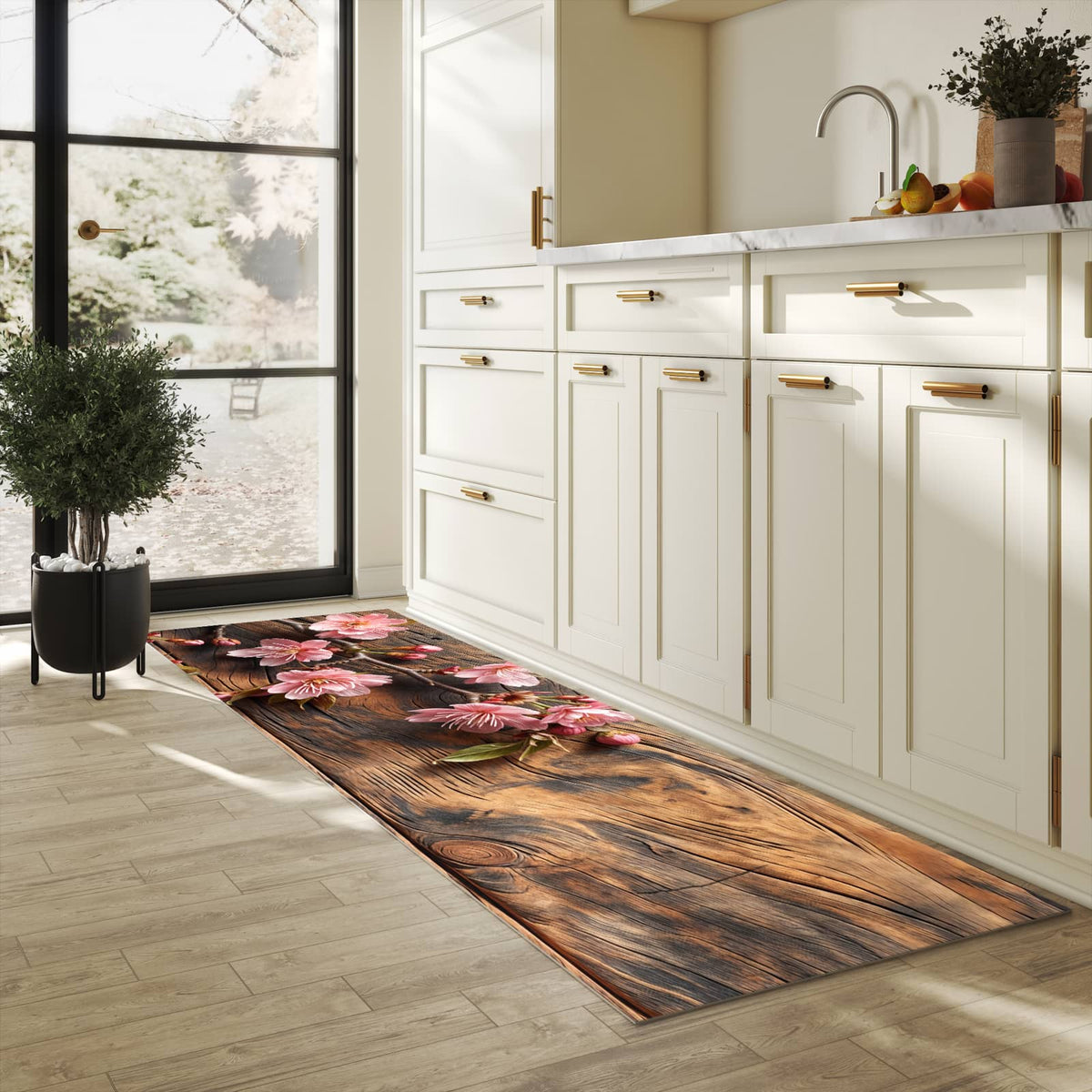 Fleckenresistenter Küchenläufer mit Motiv Holzblüten in heller Küche