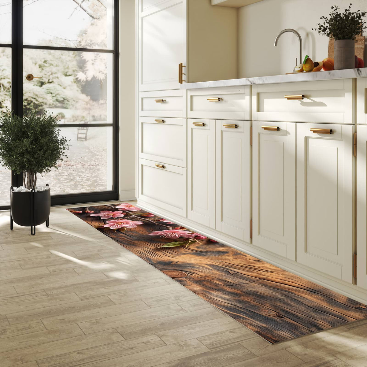 Abriebfester großer Küchenteppich mit Motiv Holzblüten in heller Küche