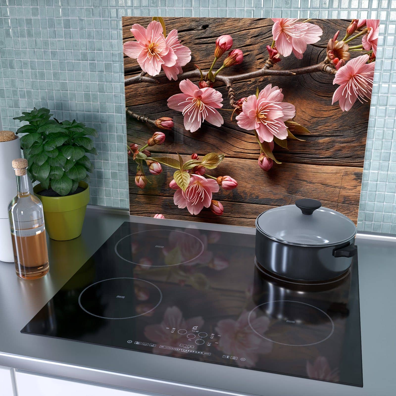 1-teilige Glasplatte für Herd mit Holzblüten-Motiv als Spritzschutz hinter dem Kochfeld