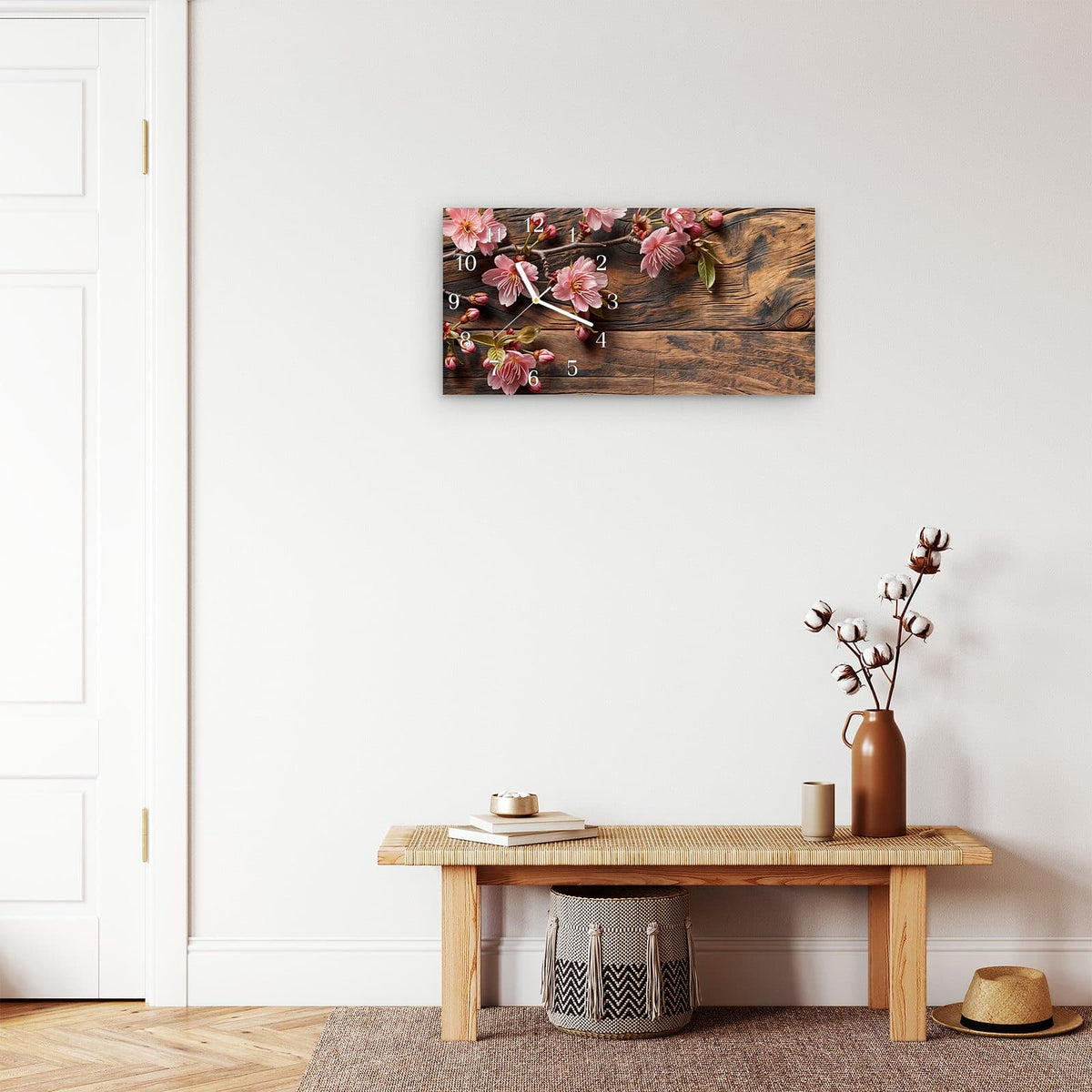 Moderne Wanduhr aus Glas mit Farbtiefe – Wanduhr Holzblüten aus Glas – Querformat 60 × 30 cm