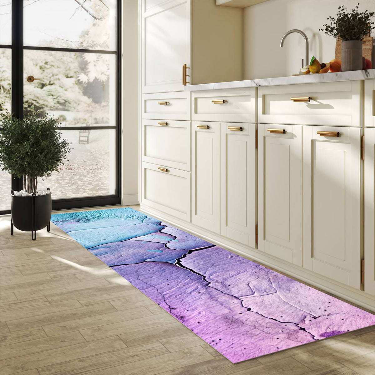 Bodenschonender Bodenläufer-Teppich mit Motiv Oberfläche des Rissige in heller Küche