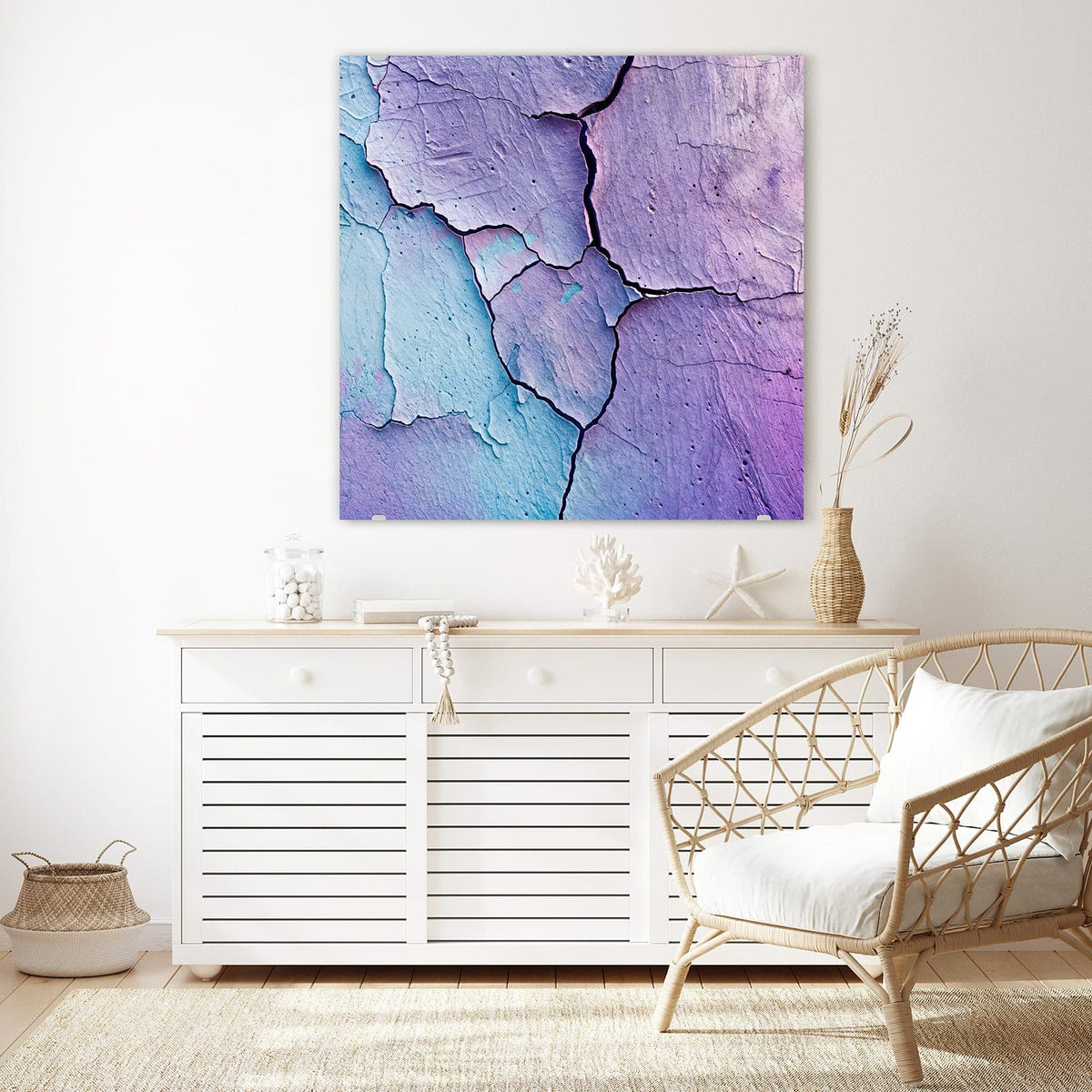 Echtglas, 4 mm – kein Acryl, keine Folie – Wandbild - Risse in Violett - Quadratisch