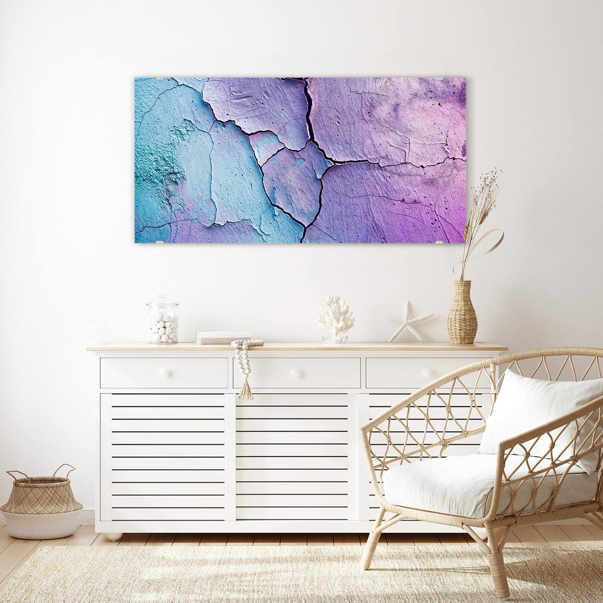 Echtglas, 4 mm – kein Acryl, keine Folie – Wandbild - Risse in Violett - Querformat