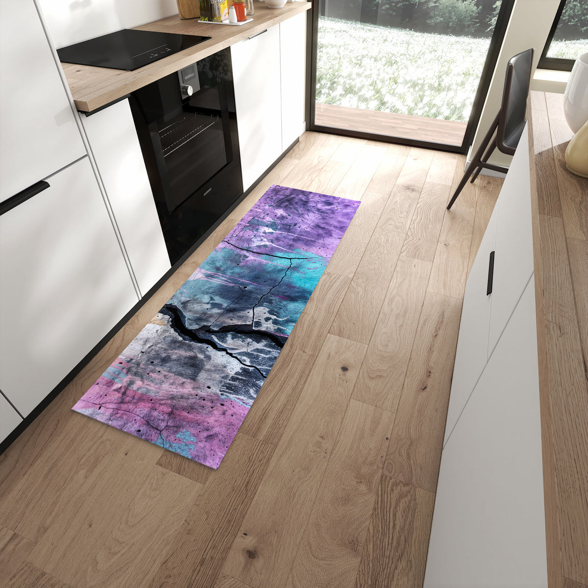 Pflegeleichter großer Küchenteppich mit Motiv Graffiti Wand Kunst in moderner Küche