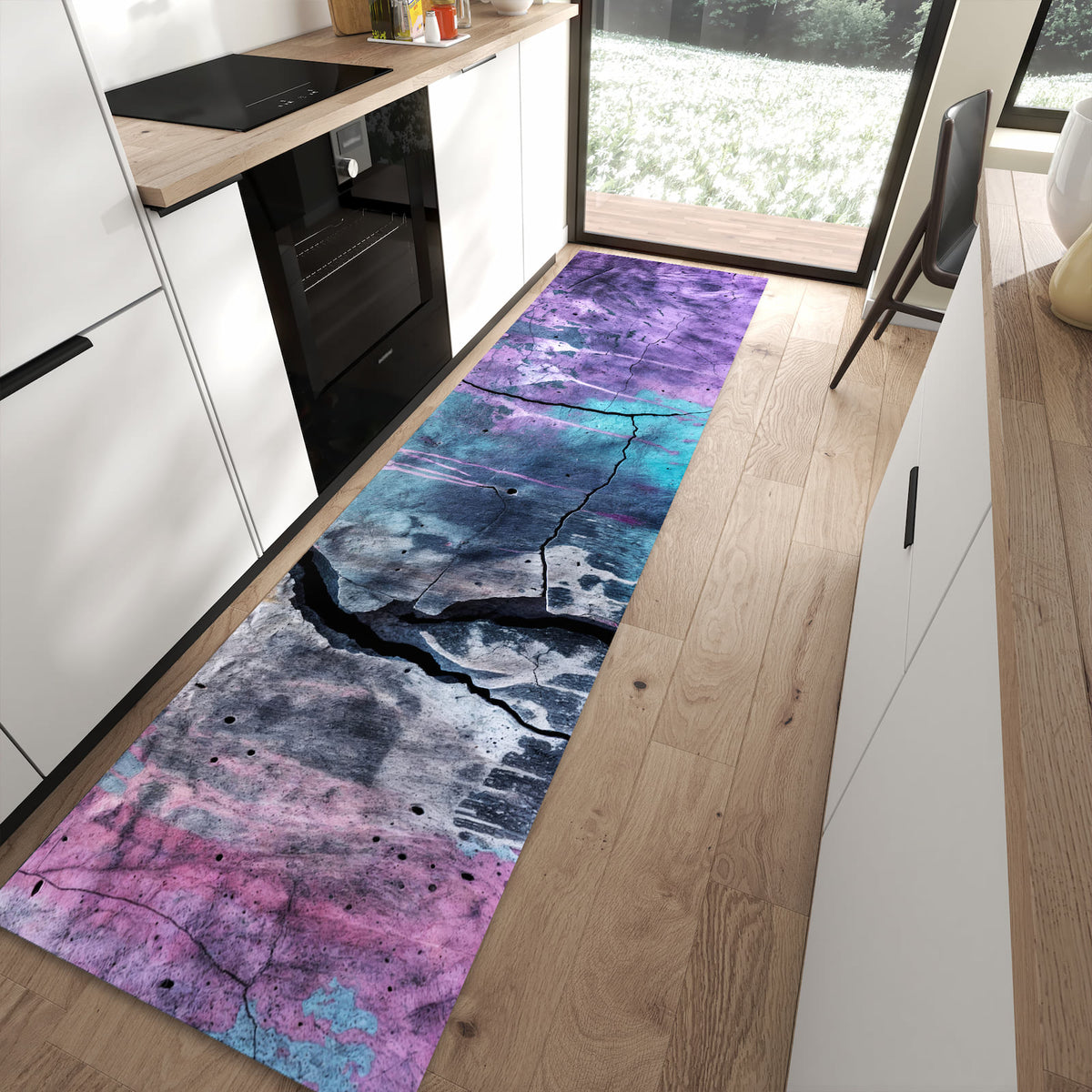 Bodenschonender rutschfester Küchenläufer mit Motiv Graffiti Wand Kunst in moderner Küche