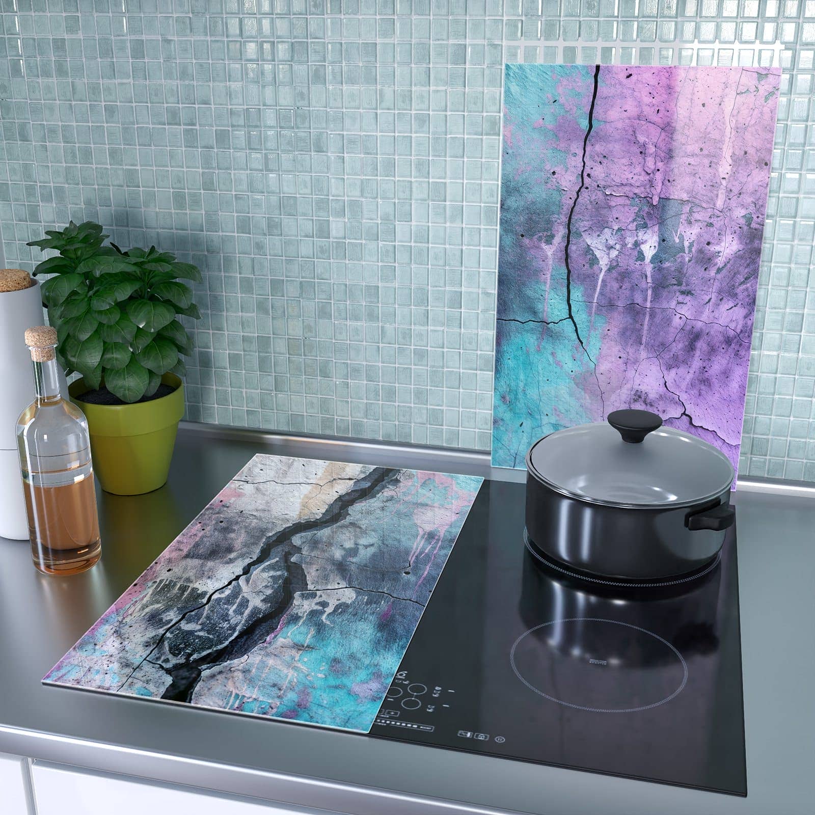 2-teilige Glasplatte für Herd mit Graffiti Wand Kunst-Motiv als Spritzschutz hinter dem Kochfeld