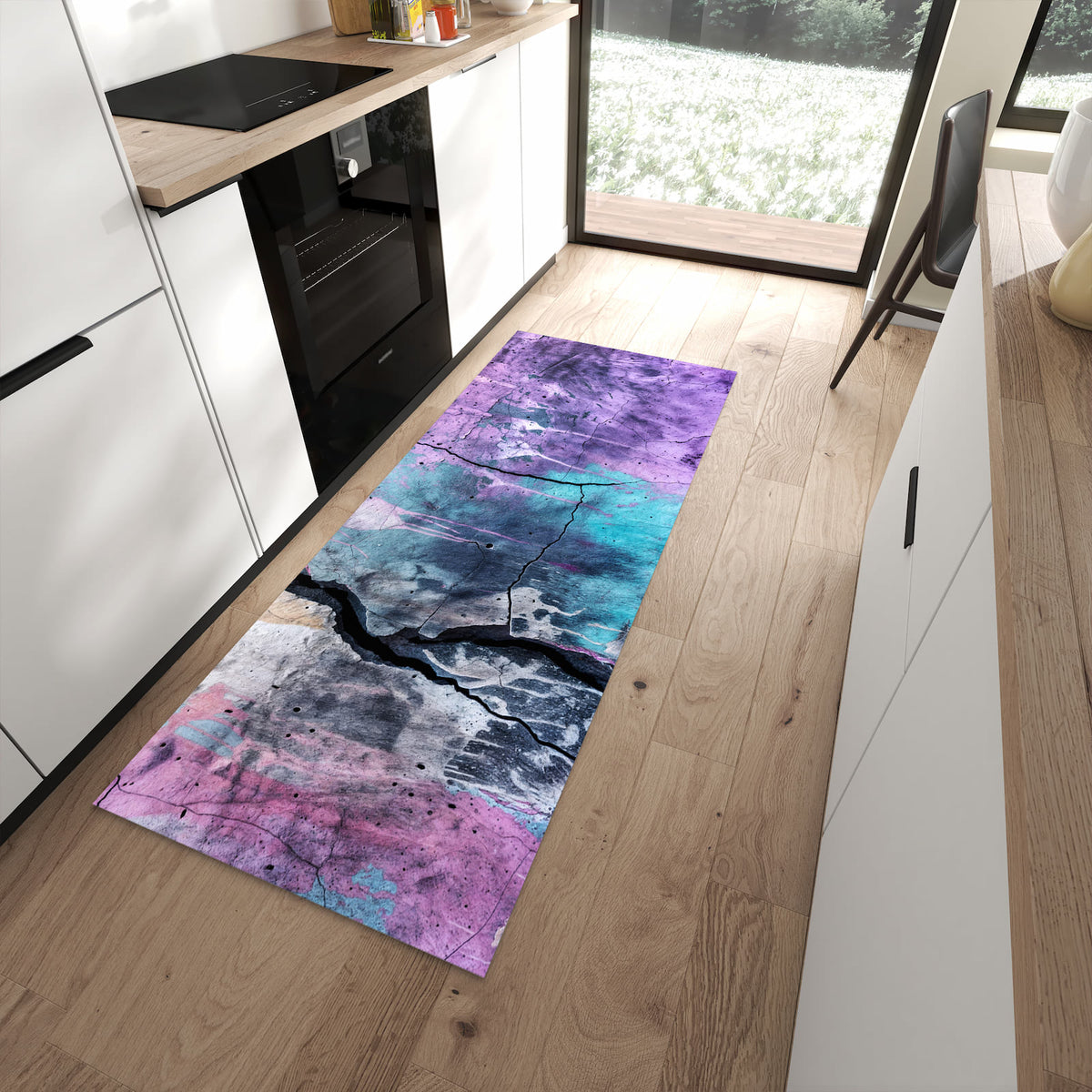 Langlebiger Küchenläufer mit Motiv Graffiti Wand Kunst in moderner Küche