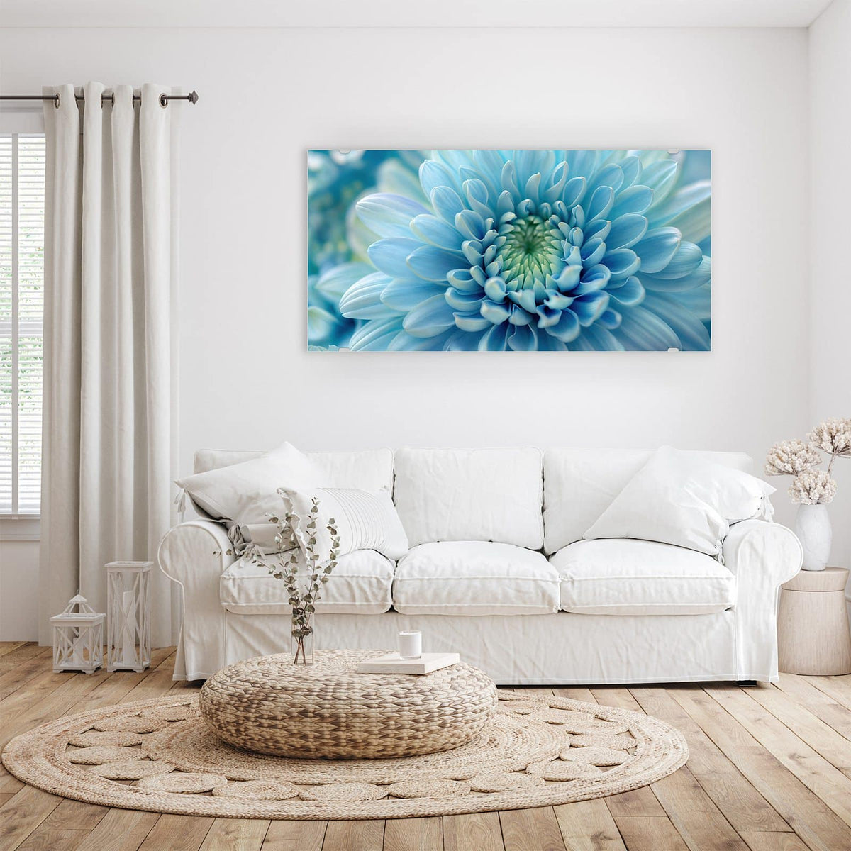 Wandbild - Helle Chrysantheme - Querformat – Blaue Blüte in Spiralform