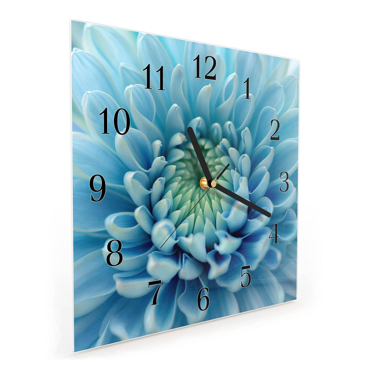 Quadratische Wanduhr aus Glas Helle Chrysantheme schräg von der Seite, 4 mm starkes Glas