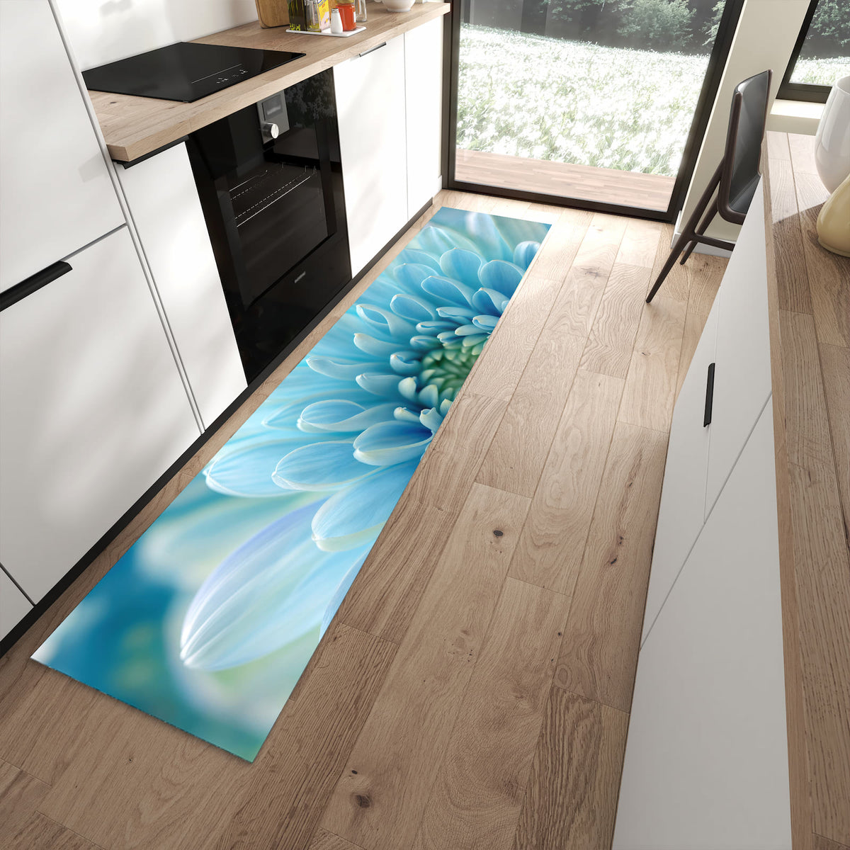 UV-beständiger waschbarer Teppich für Esstisch mit Motiv Sanfte Blütenzauber in moderner Küche